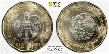 "2023" (2024)Mo 20 Peso 500th Anniversary Founding First Villa of Colima MS66