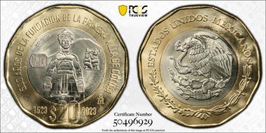 "2023" (2024)Mo 20 Peso 500th Anniversary Founding First Villa of Colima MS67