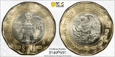 "2023" (2024)Mo 20 Peso 500th Anniversary Founding First Villa of Colima MS67