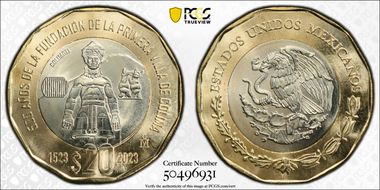 "2023" (2024)Mo 20 Peso 500th Anniversary Founding First Villa of Colima MS67