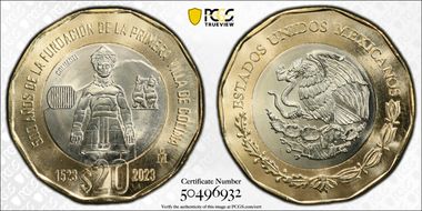 "2023" (2024)Mo 20 Peso 500th Anniversary Founding First Villa of Colima MS67