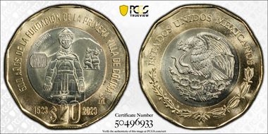 "2023" (2024)Mo 20 Peso 500th Anniversary Founding First Villa of Colima MS67