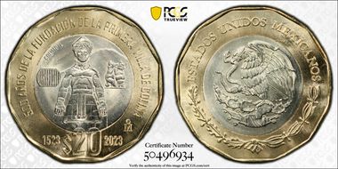 "2023" (2024)Mo 20 Peso 500th Anniversary Founding First Villa of Colima MS66