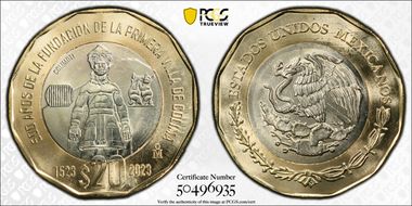 "2023" (2024)Mo 20 Peso 500th Anniversary Founding First Villa of Colima MS67