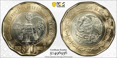 "2023" (2024)Mo 20 Peso 500th Anniversary Founding First Villa of Colima MS67