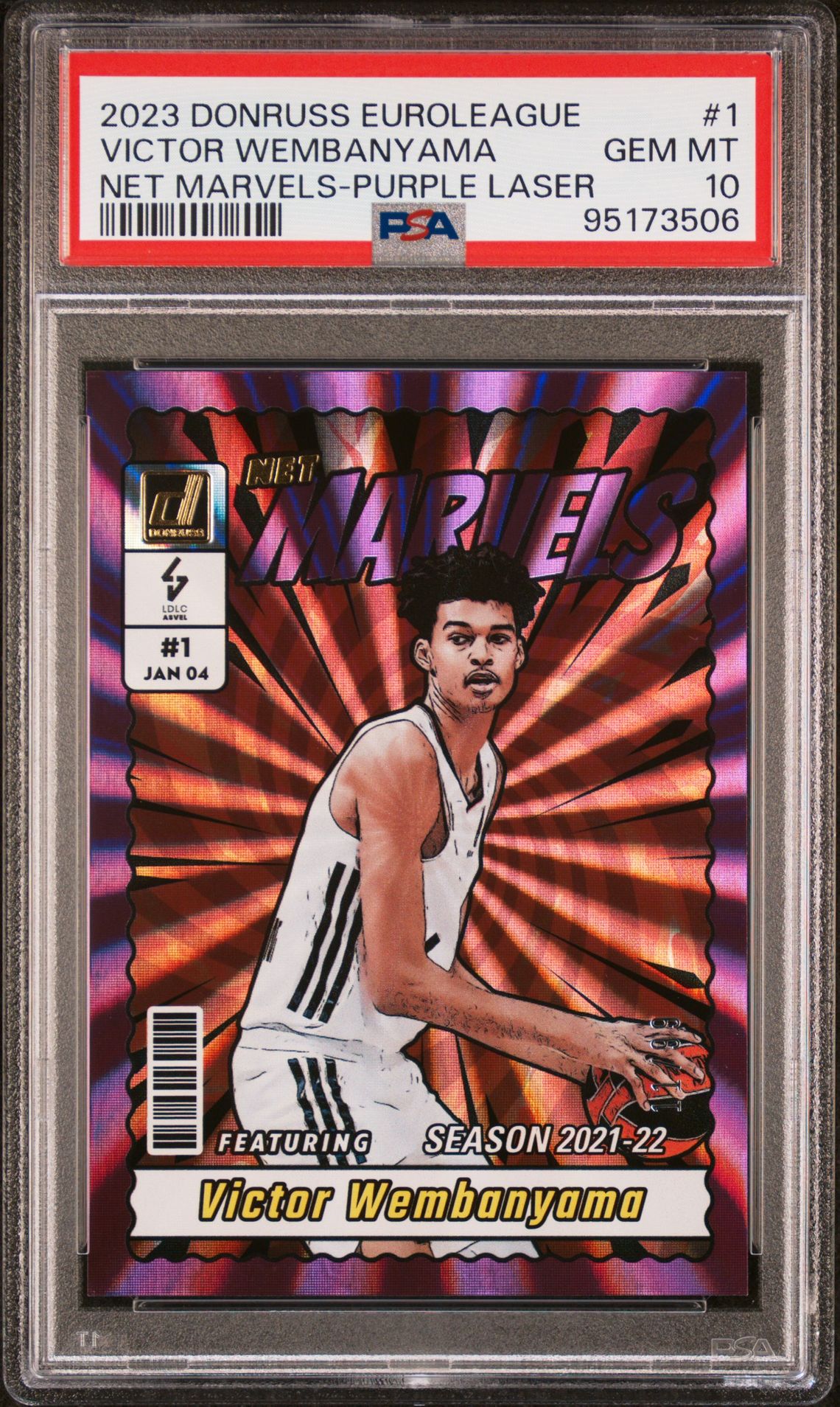 2023 Panini PANINI DONRUSS TURKISH AIRLINES EUROLEAGUE NET MARVELS PURPLE LASER #1 Victor Wembanyama front