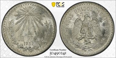 1932-M Peso KM-455  Ag Open 9 MS64