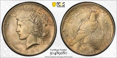 1921 $1 High Relief, Peace MS64