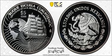 1999-Mo 5 Peso Navy School Centennial Cuauhtemoc KM-635 Ag PR69DCAM