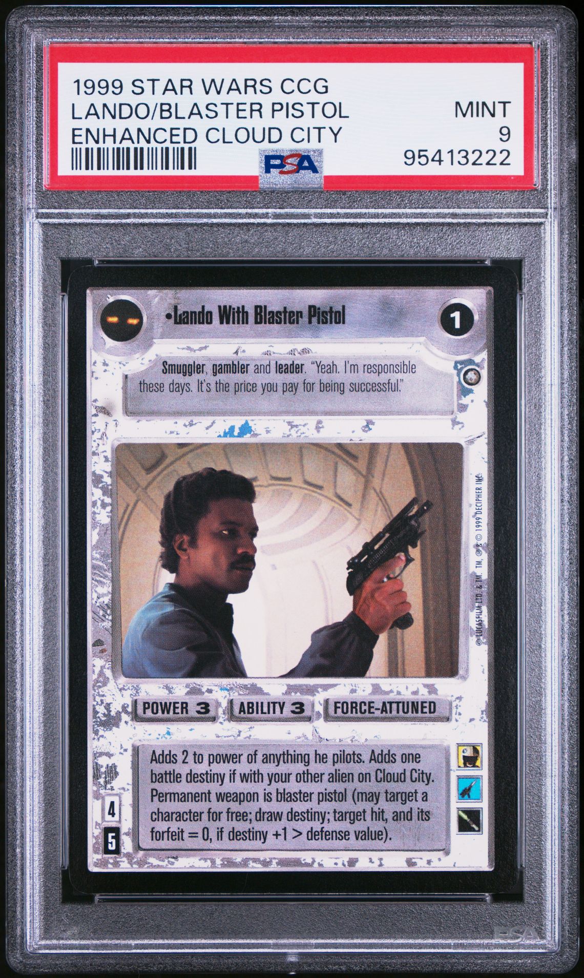 1999 DECIPHER STAR WARS CCG ENHANCED CLOUD CITY Lando/Blaster Pistol front