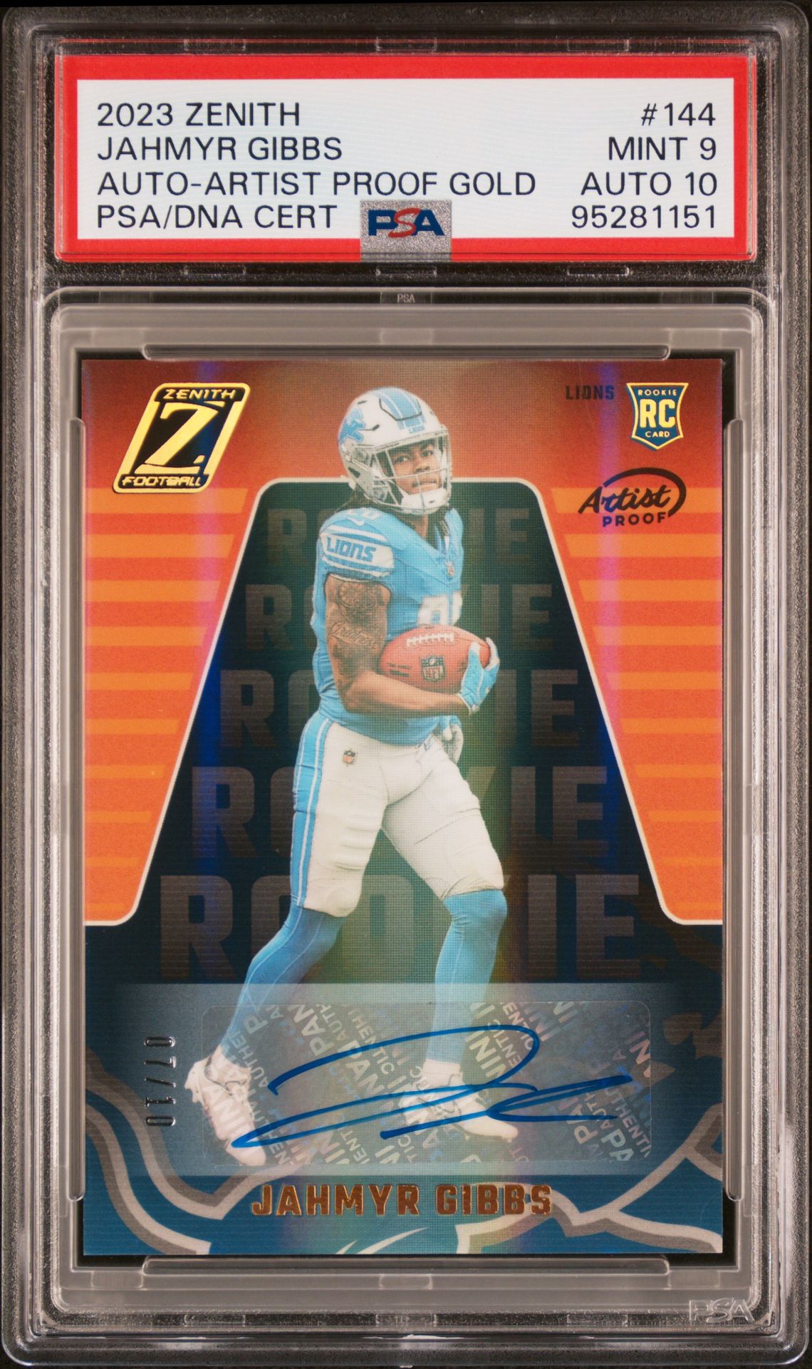 2023 Panini Zenith Jahmyr Gibbs #144 (Auto-Artist Proof Gold) Mint 9 front