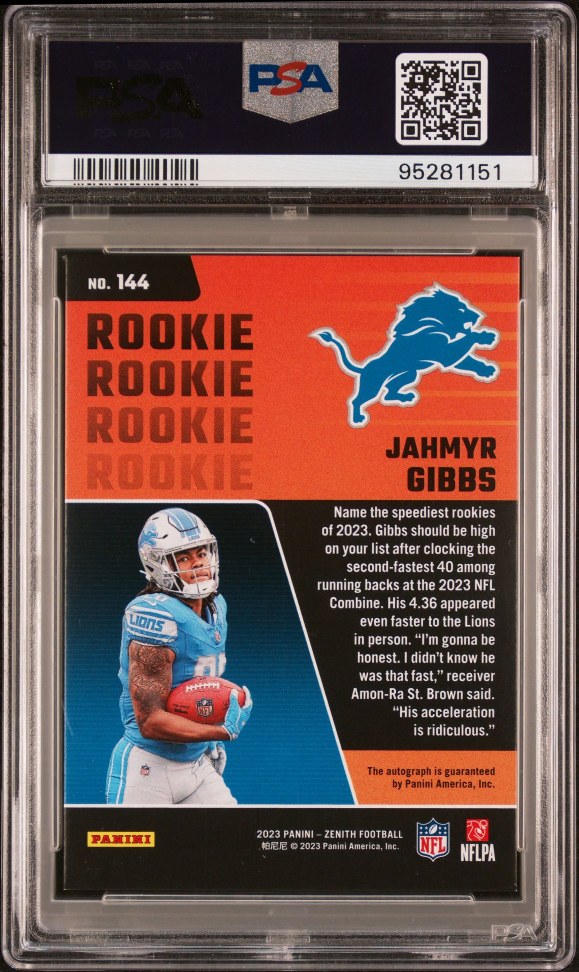 2023 Panini Zenith Jahmyr Gibbs #144 (Auto-Artist Proof Gold) Mint 9 back