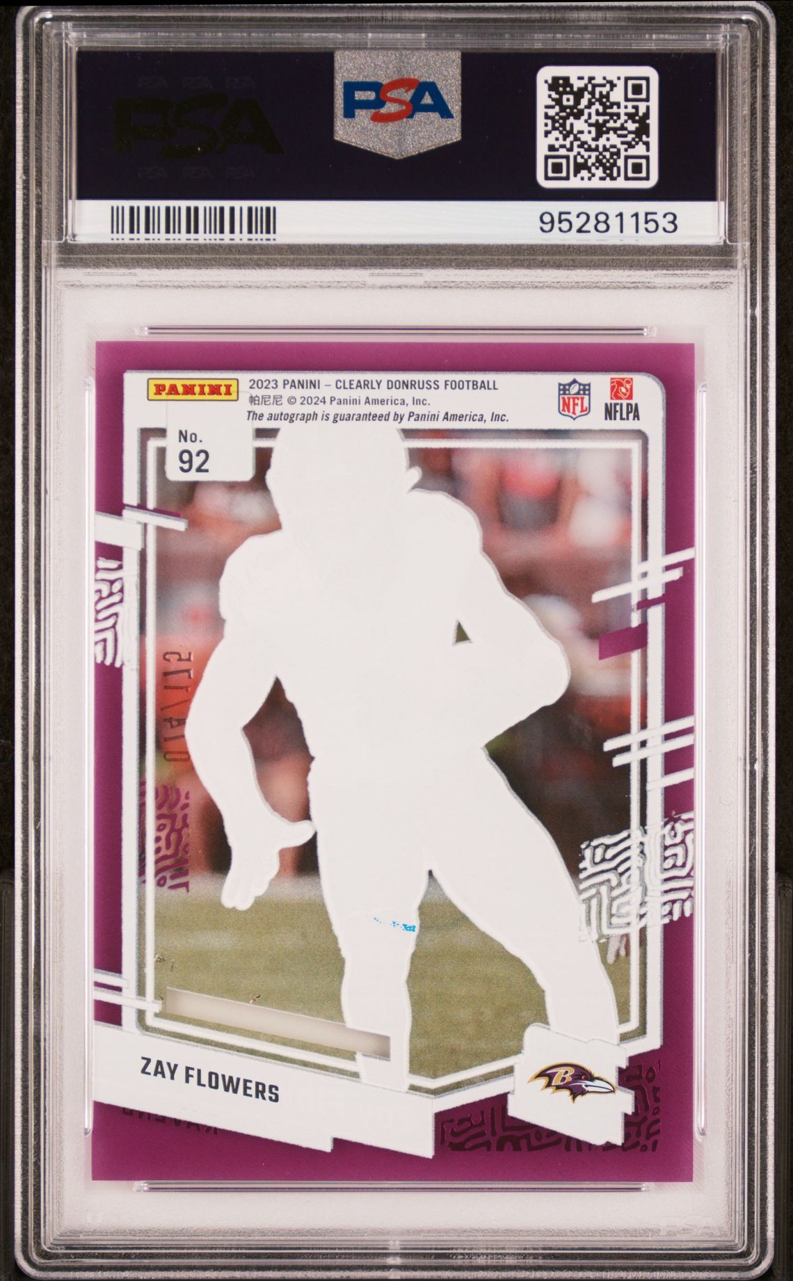 2023 Panini Clearly Donruss Zay Flowers #92 (Autograph-Purple) Gem Mt 10 back