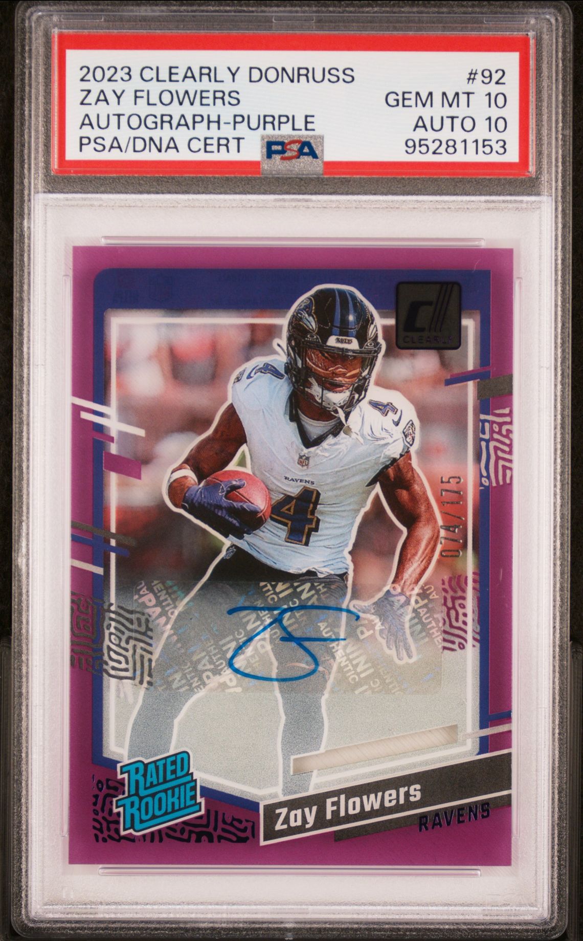 2023 Panini Clearly Donruss Zay Flowers #92 (Autograph-Purple) Gem Mt 10 front