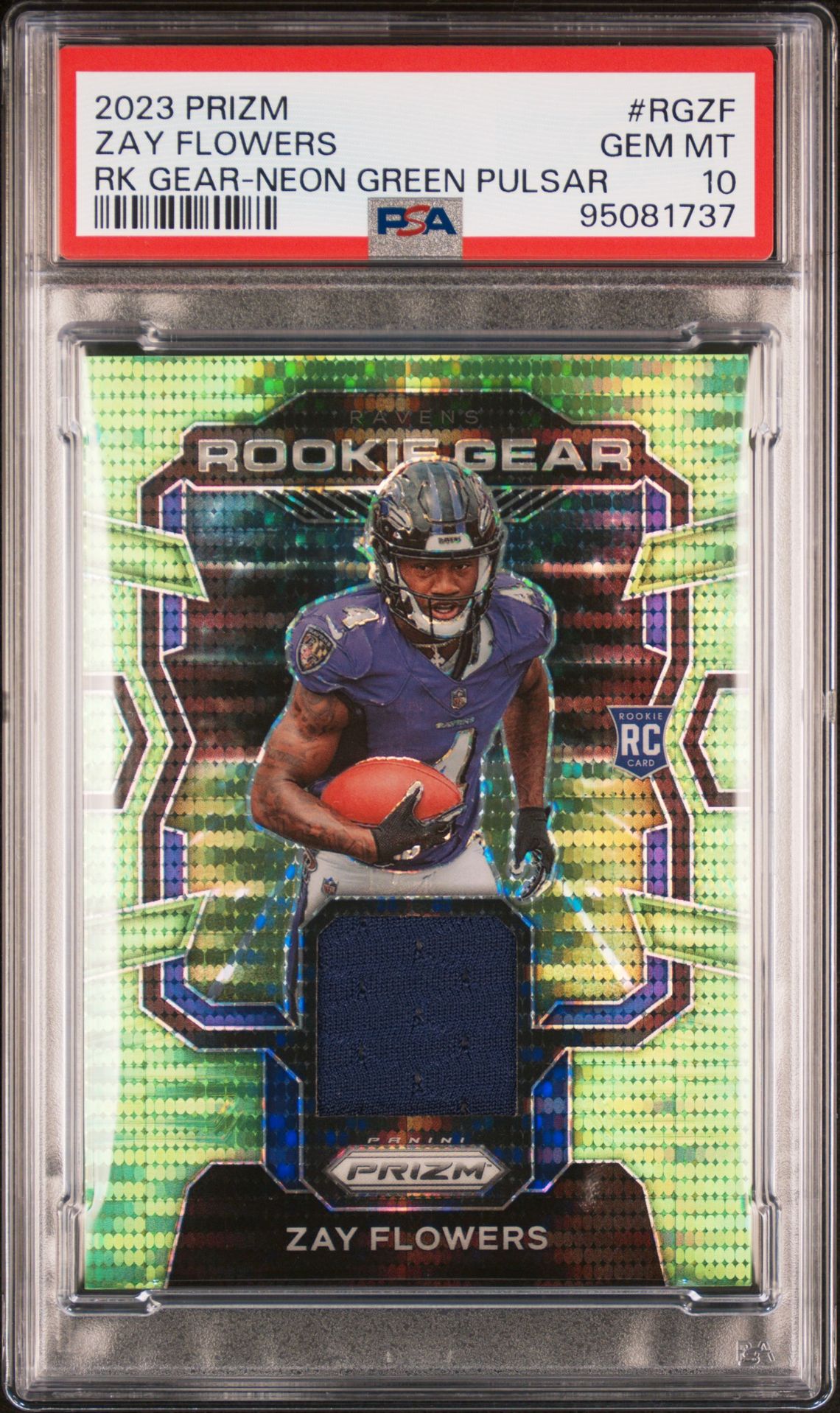 2023 Panini Prizm Rookie Gear Zay Flowers #Rgzf (Rk Gear-Neon Green Pulsar) Gem Mt 10 front