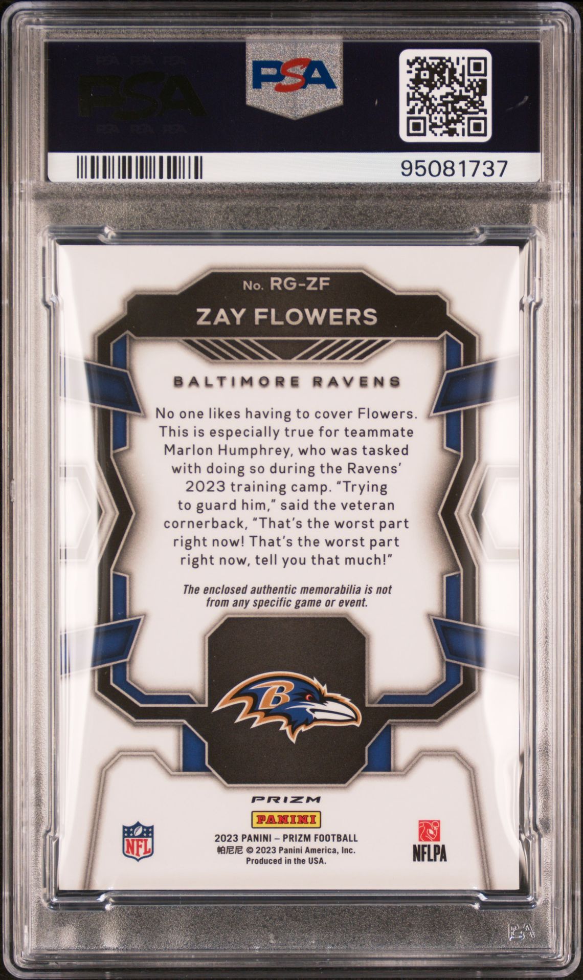 2023 Panini Prizm Rookie Gear Zay Flowers #Rgzf (Rk Gear-Neon Green Pulsar) Gem Mt 10 back