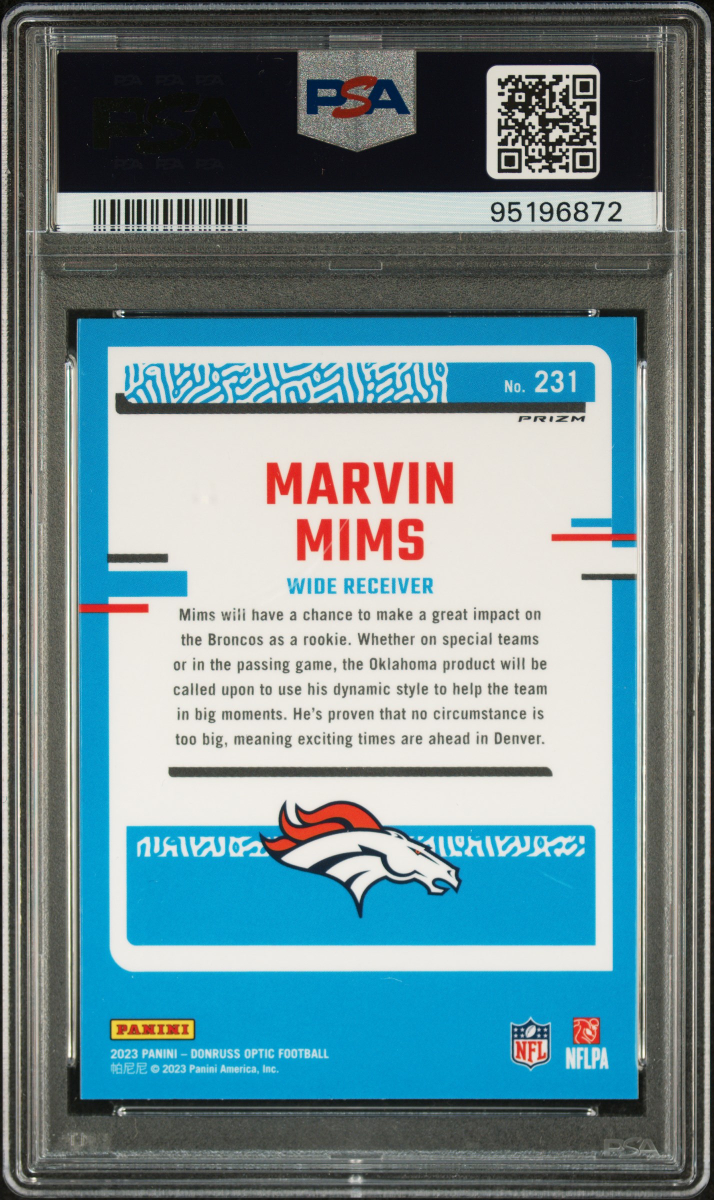 2023 Panini Donruss Optic Marvin Mims #231 (Blue Glitter) Mint 9 back