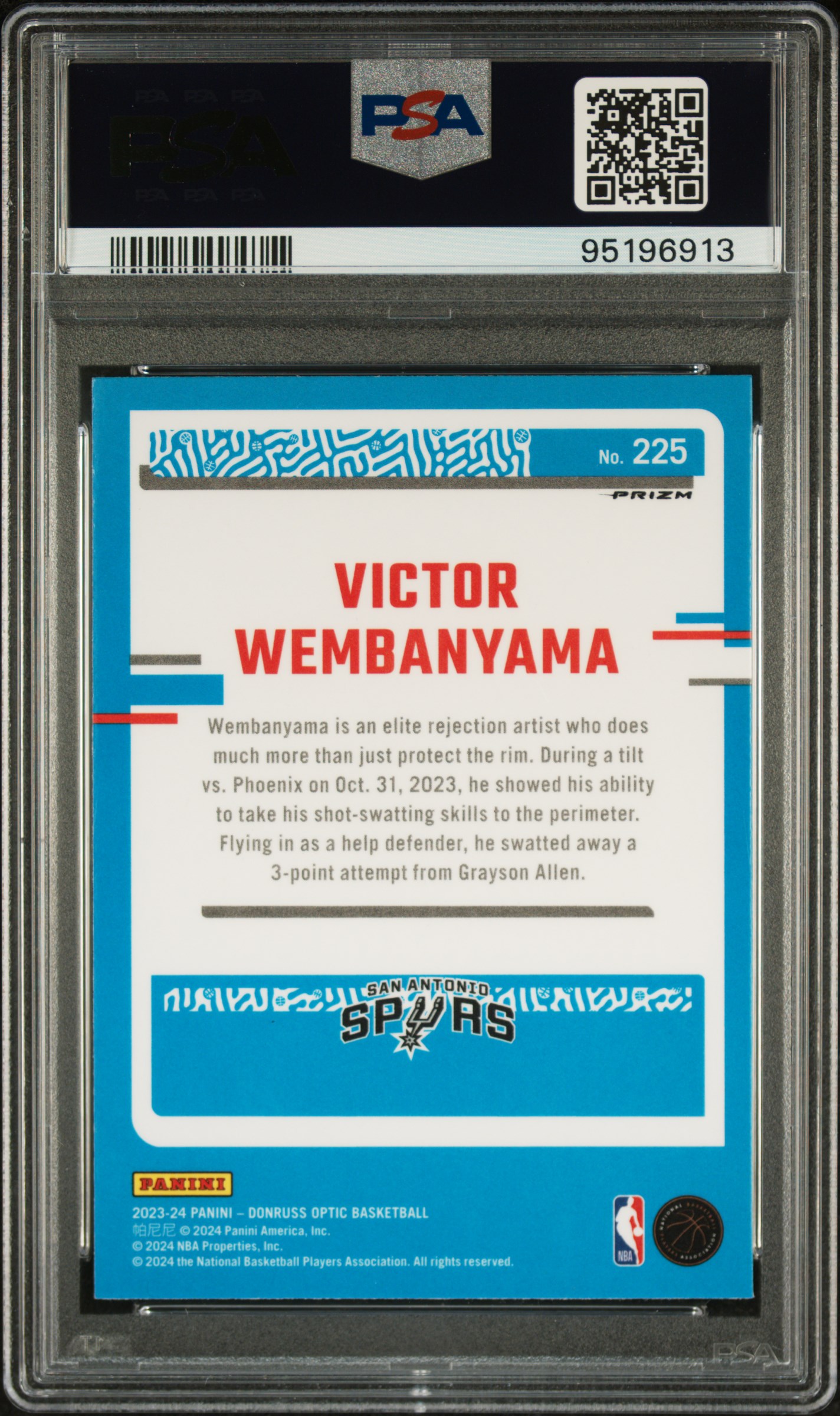 2023 Panini Donruss Optic Victor Wembanyama #225 (Holo) Mint 9 back
