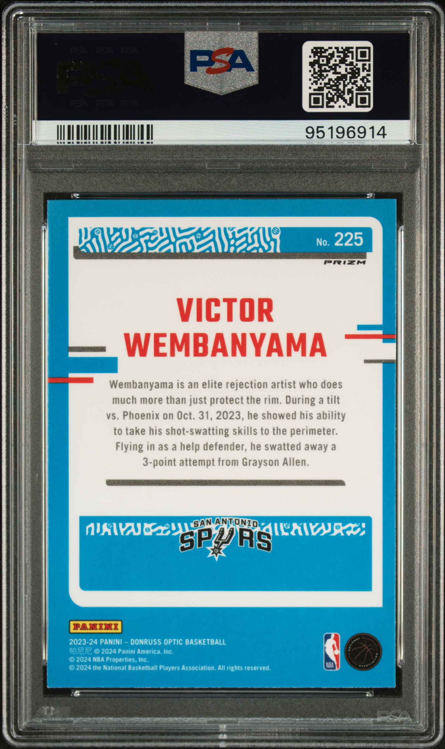 2023 Panini Donruss Optic Victor Wembanyama #225 (Holo) Mint 9 back