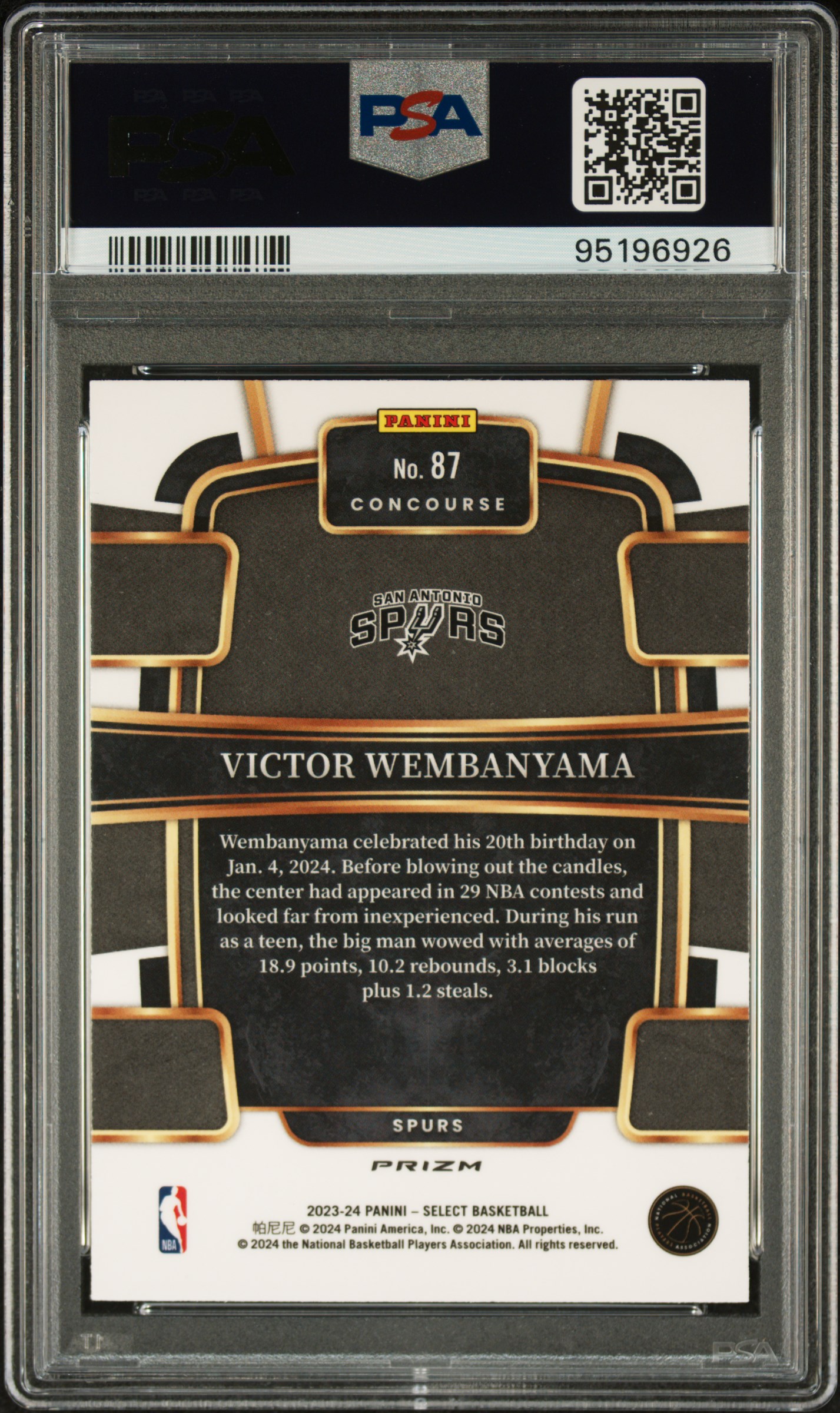 2023 Panini Select Victor Wembanyama #87 (Silver Prizm) Mint 9 back
