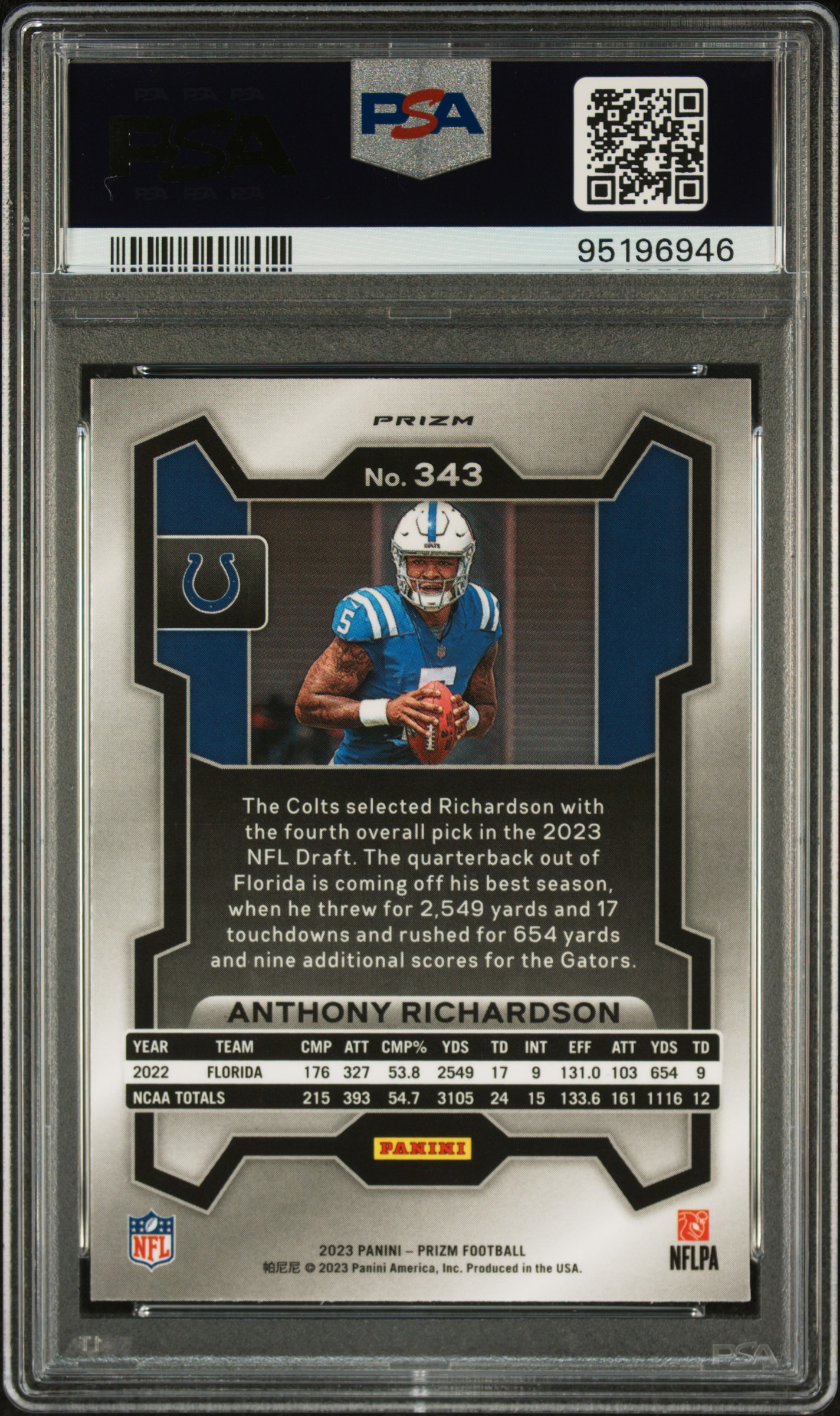 2023 Panini Prizm Anthony Richardson #343 (Lazer Prizm) Mint 9 back