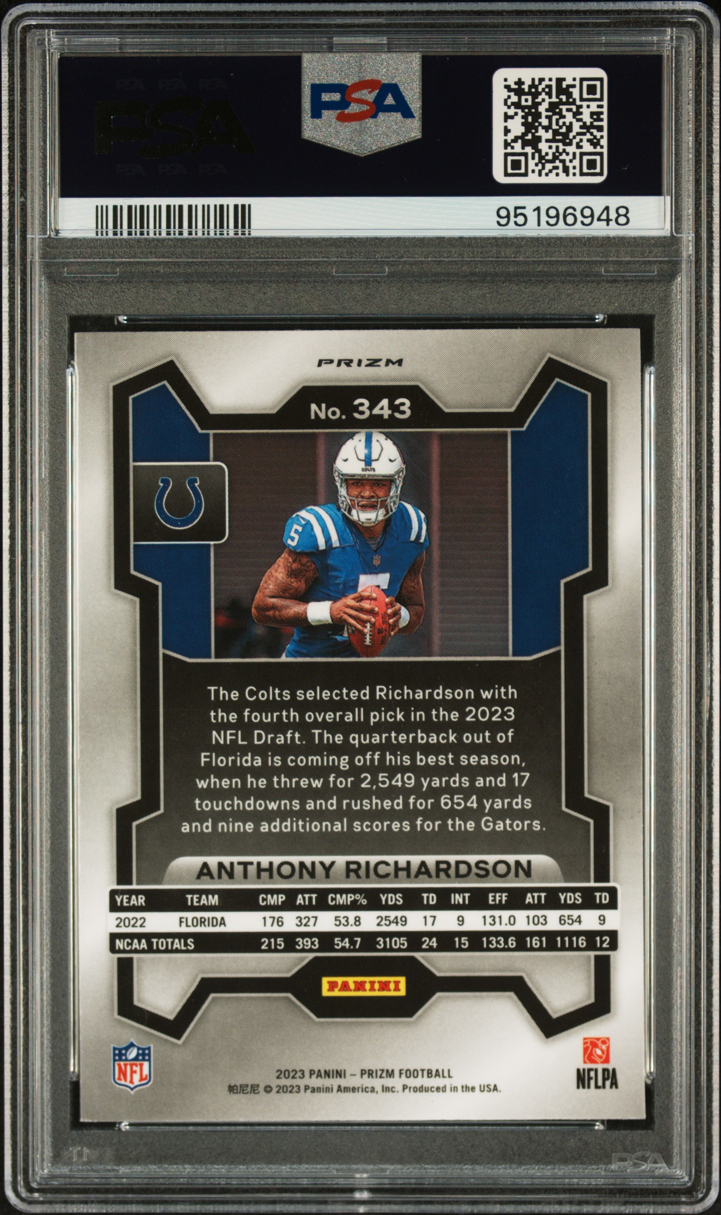 2023 Panini Prizm Anthony Richardson #343 (Silver Prizm) Mint 9 back