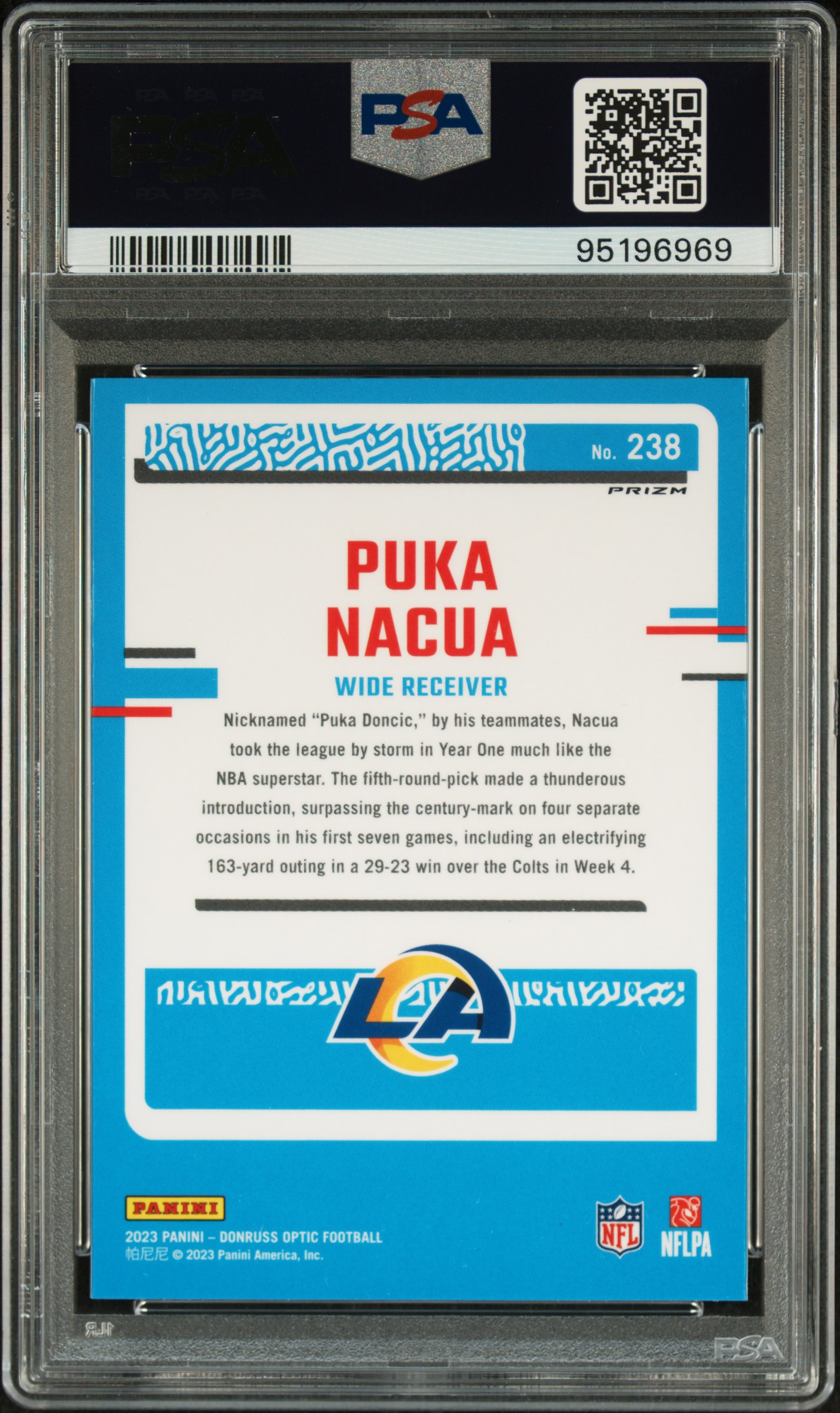 2023 Panini Donruss Optic Puka Nacua #238 (Blue Glitter) Mint 9 back