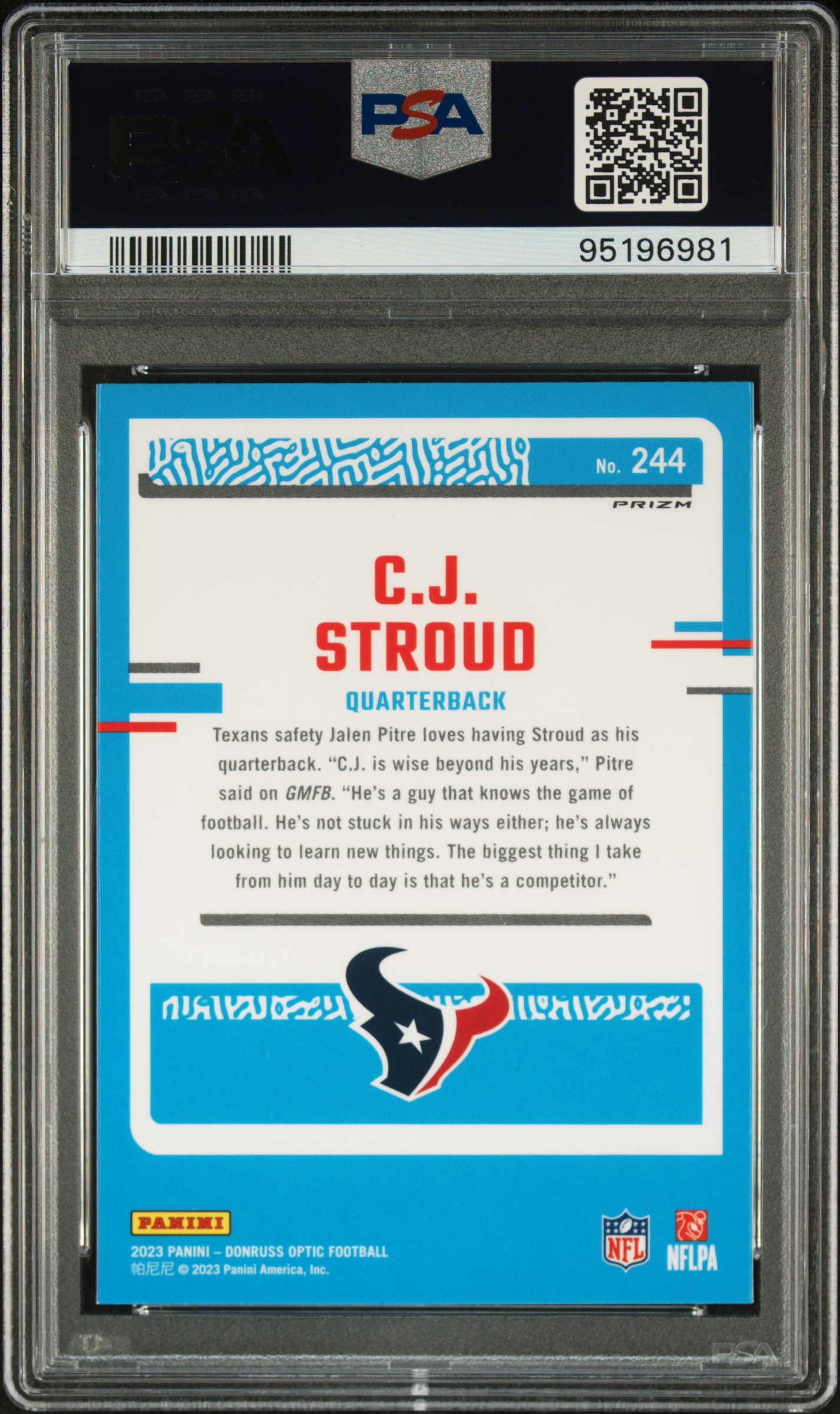2023 Panini Donruss Optic Cj Stroud #244 (Holo) Mint 9 back