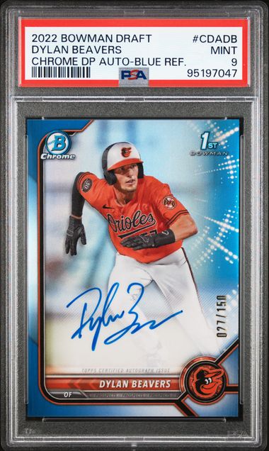 2022 Bowman Draft Chrome Draft Pick Autographs Dylan Beavers #Cdadb (Chrome Dp Auto-Blue Ref.) Mint 9 front