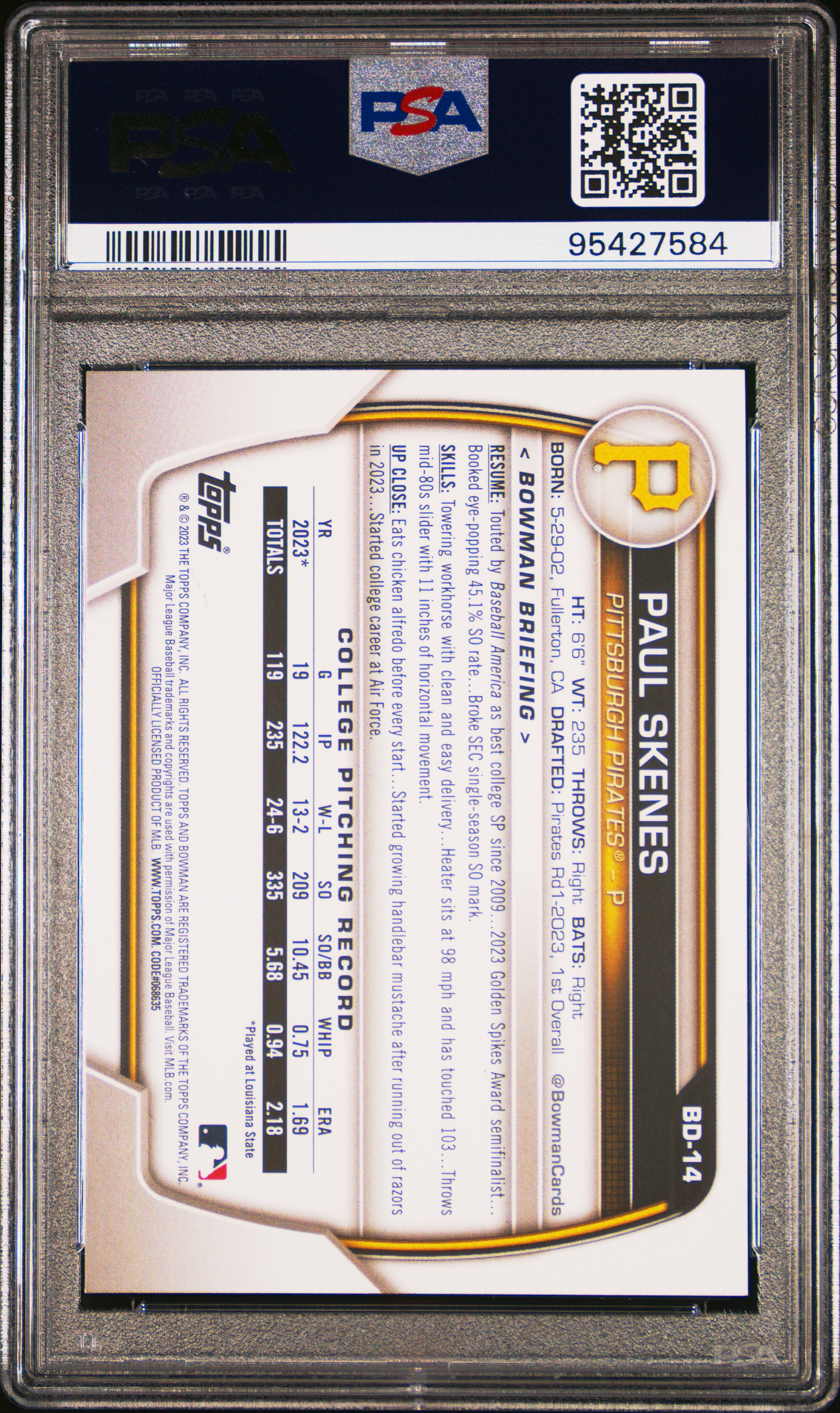 2023 Bowman Draft Paul Skenes #Bd14 Mint 9 back