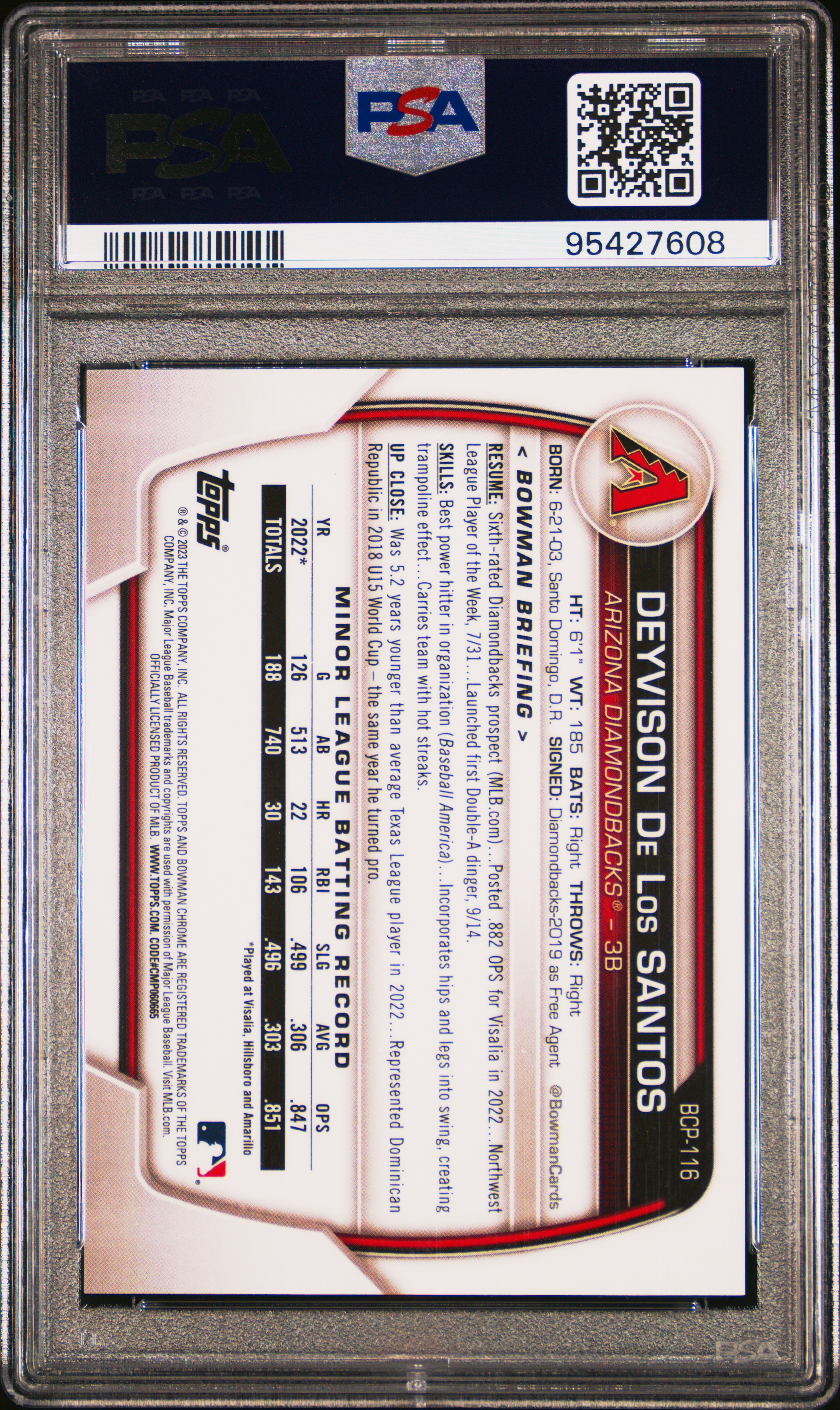 2023 Bowman Chrome Prospects D. De Los Santos #Bcp116 (Chrome Prospects-Blue Ref) Gem Mt 10 back