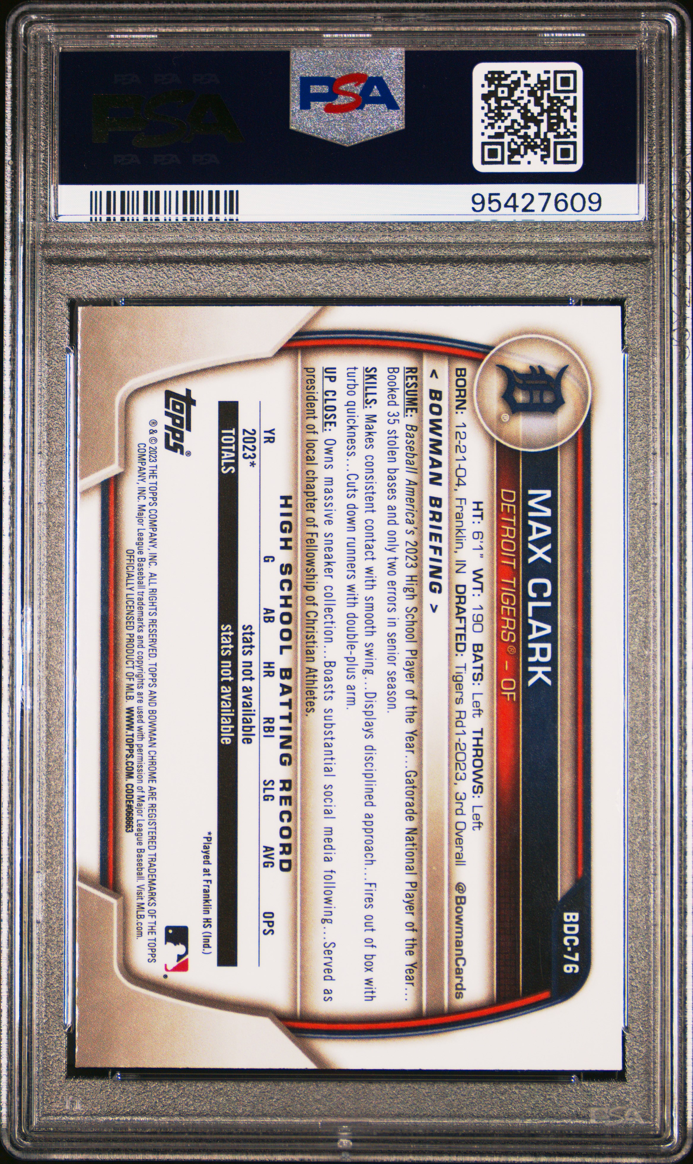 2023 Bowman Draft Max Clark #Bdc76 (Chrome-Blue Refractor) Mint 9 back