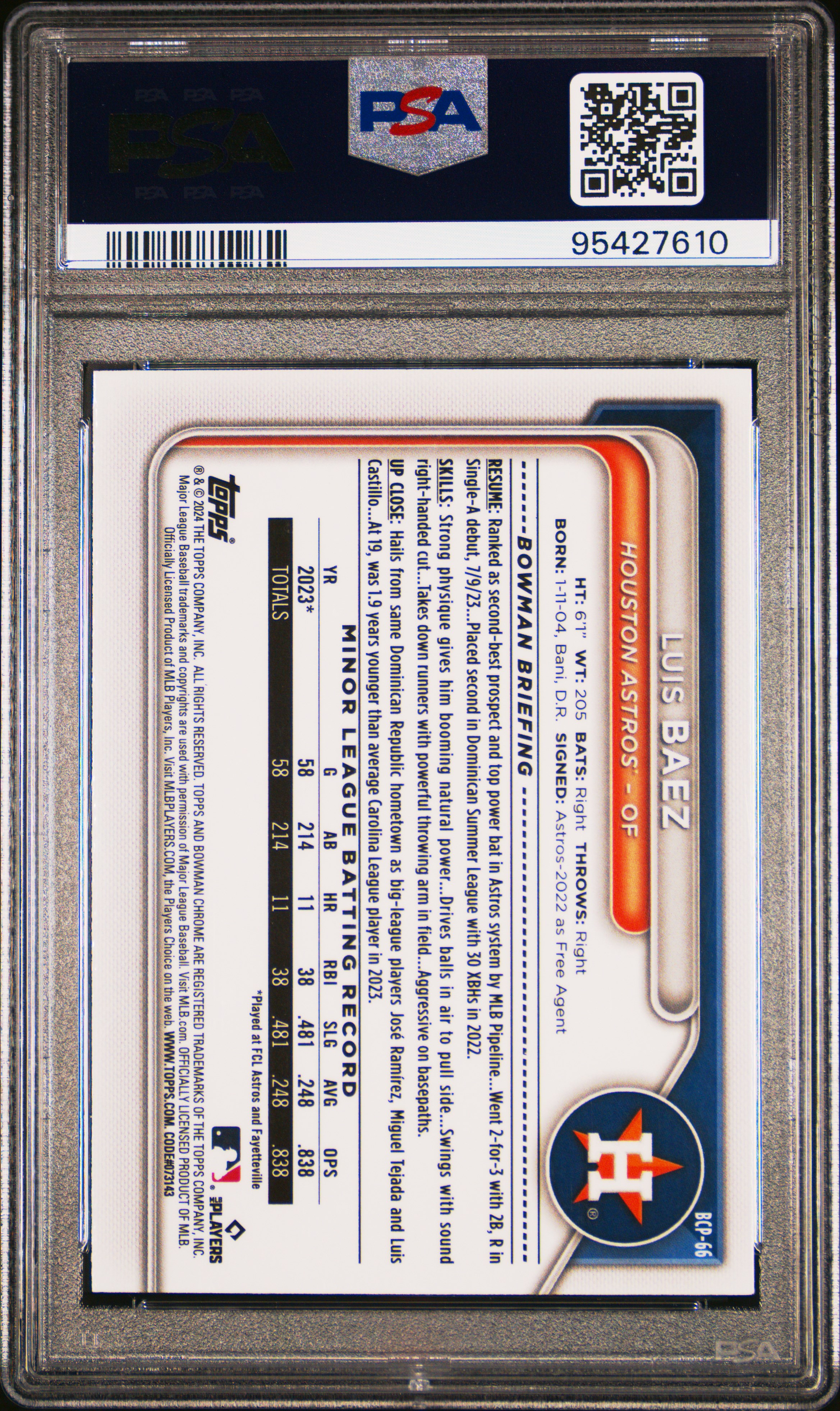 2024 Bowman Chrome Prospects Luis Baez #Bcp66 (Chrome Prospects-Gold Ref) Gem Mt 10 back