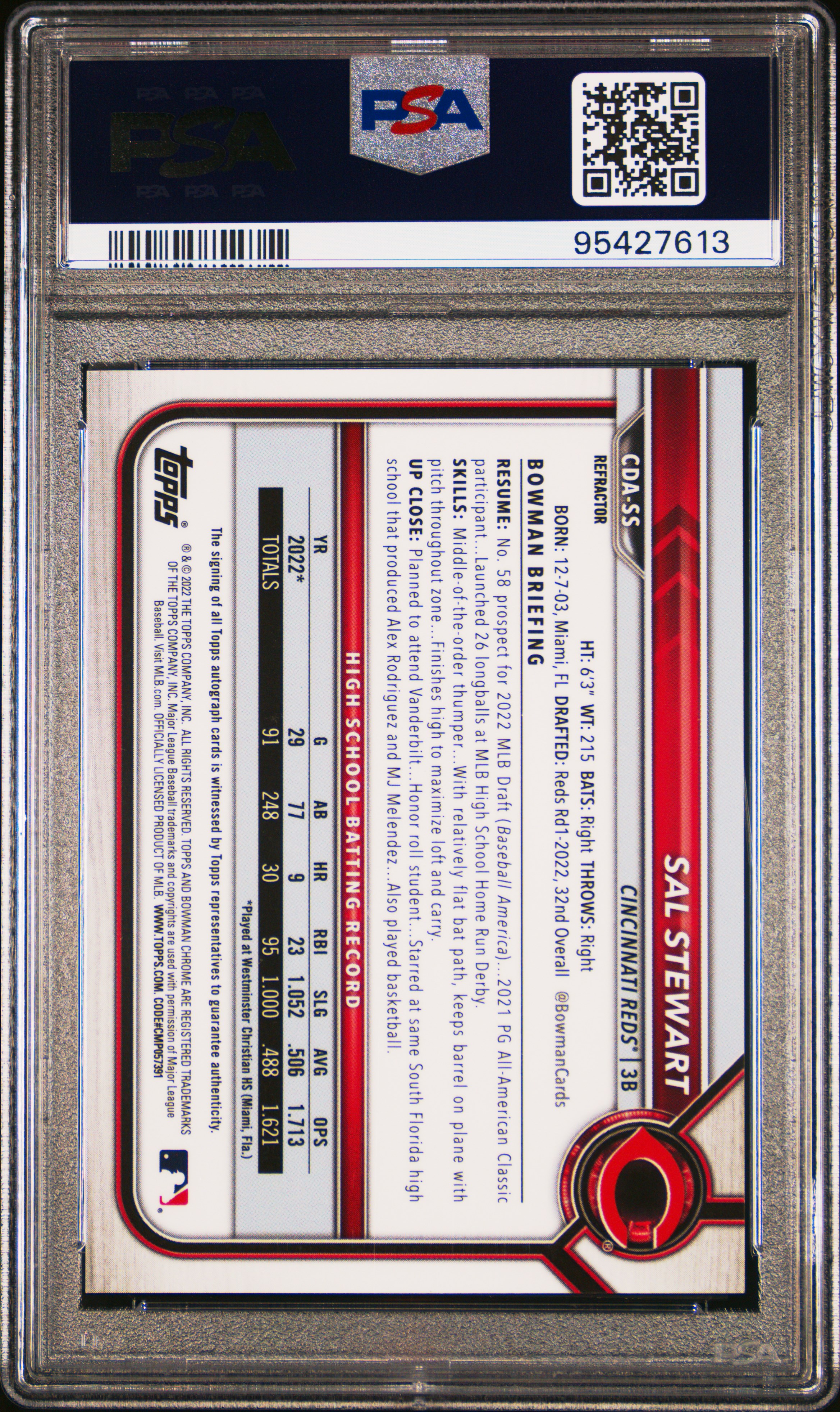 2022 Bowman Draft Chrome Draft Pick Autographs Sal Stewart #Cdass (Chrome Dp Auto-Refractor) Gem Mt 10 back