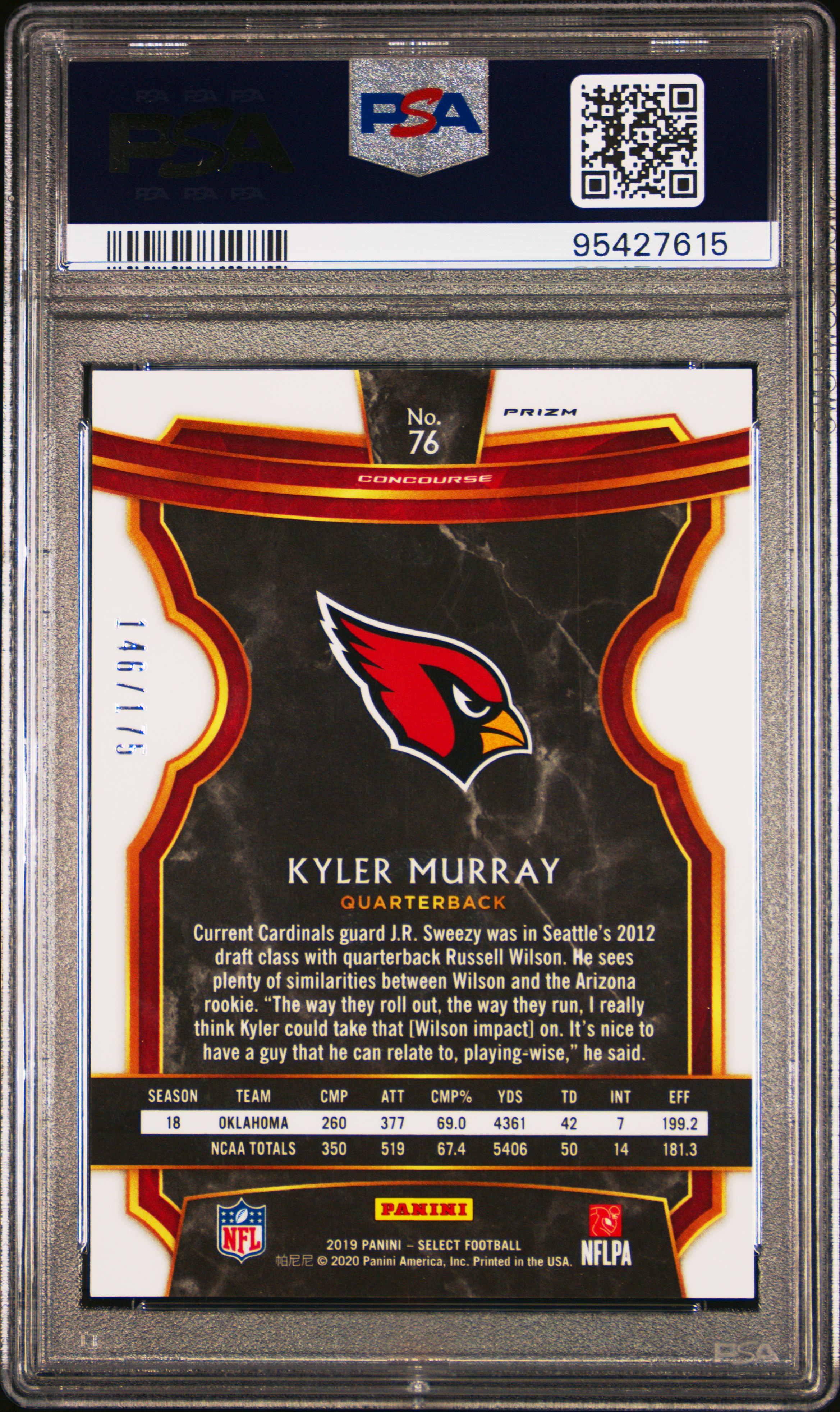 2019 Panini Select Kyler Murray #76 (Blue Prizm) Gem Mt 10 back