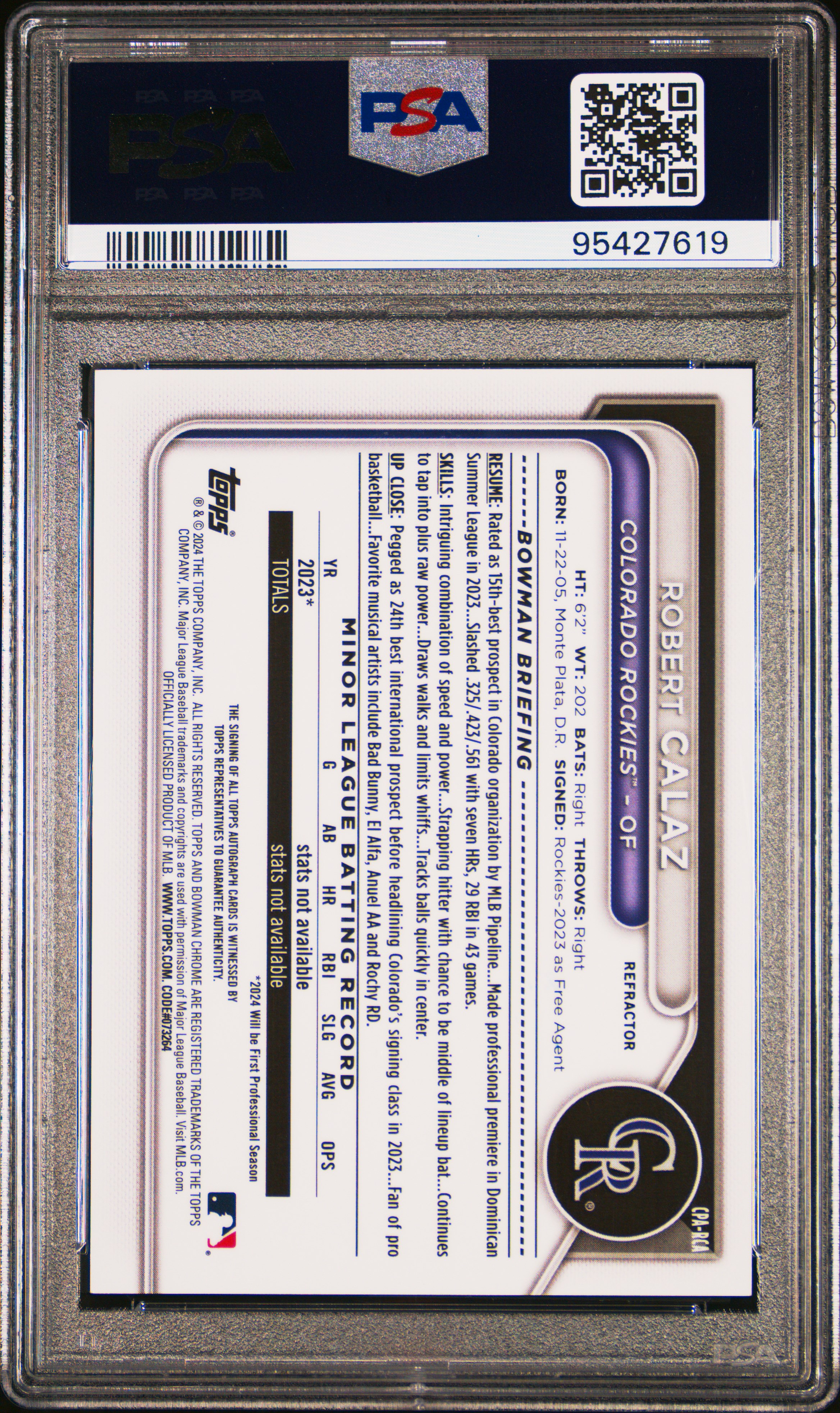 2024 Bowman Chrome Prospect Autographs Robert Calaz #Cparca (Chrome Prspct Au-Refractor) Mint 9 back