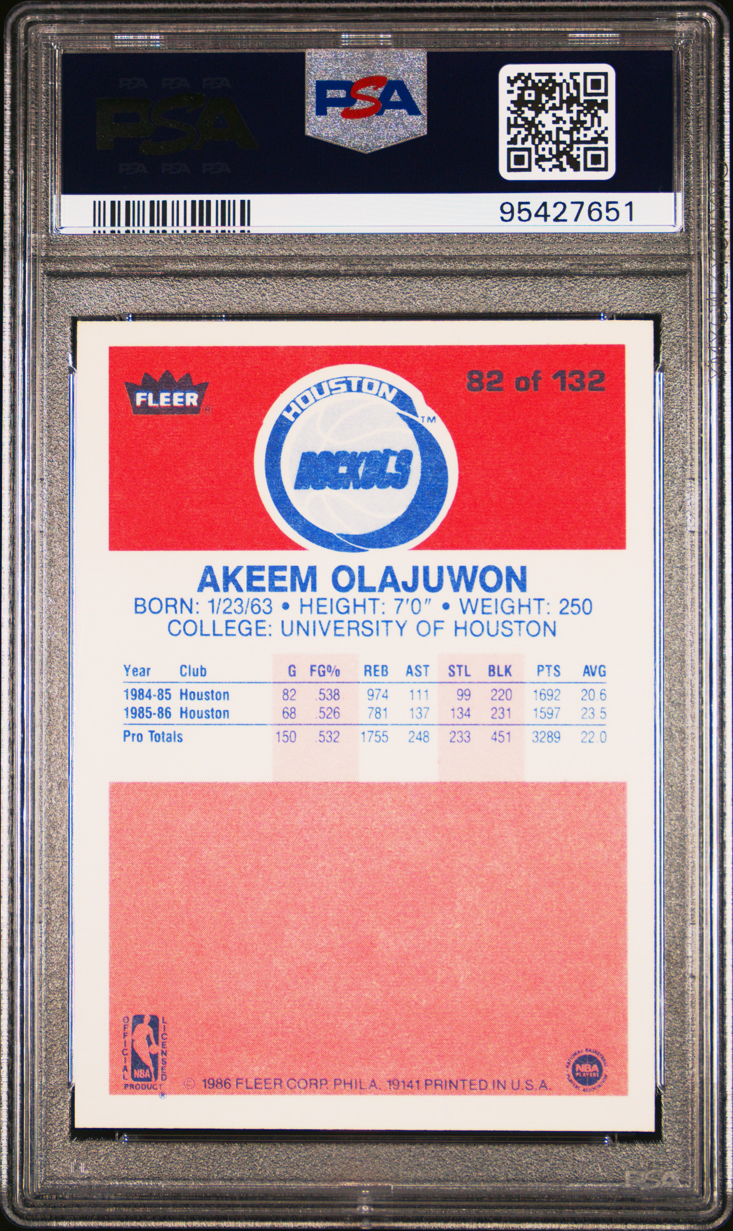 1986 Fleer Akeem Olajuwon #82 Nm 7 back