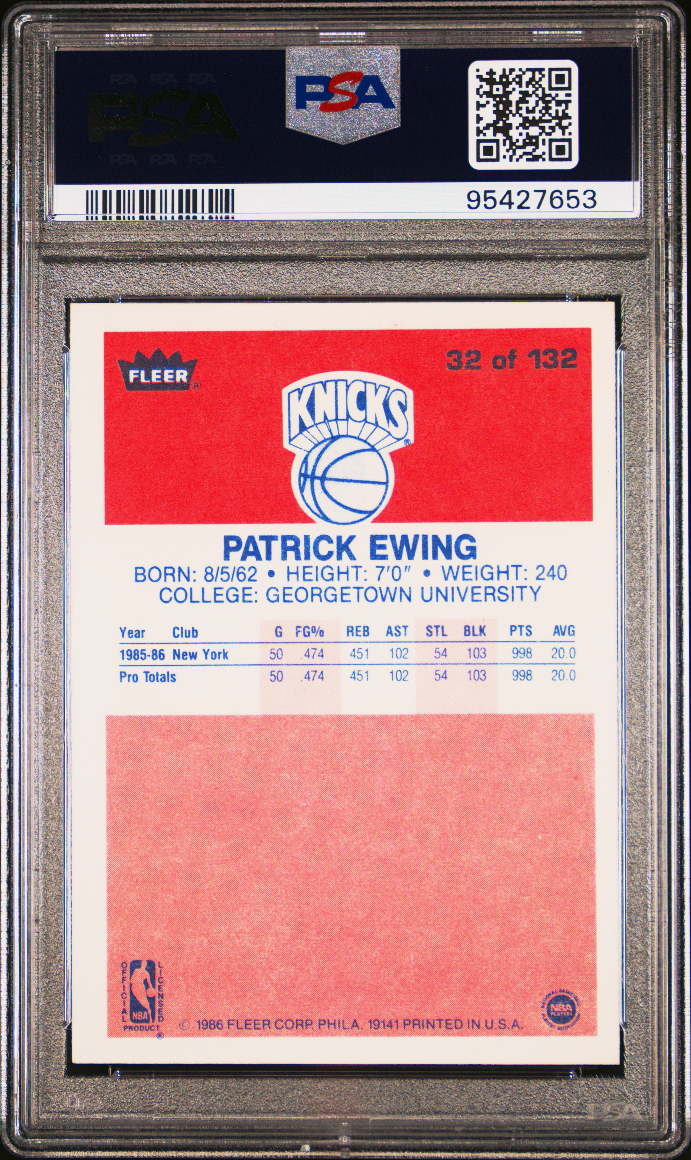 1986 Fleer Patrick Ewing #32 Nm-Mt 8 back