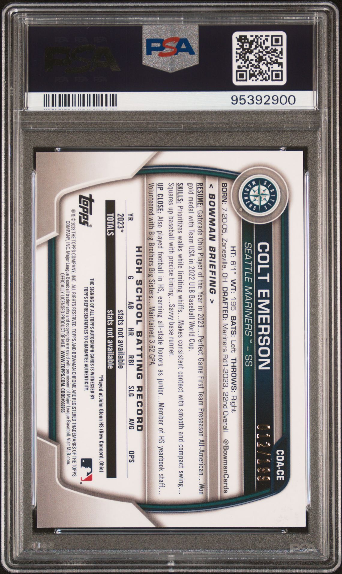 2023 BOWMAN DRAFT SAPPHIRE EDITION CHROME PROSPECT AUTOGRAPHS COLT EMERSON  CDACE GEM MT 10 back