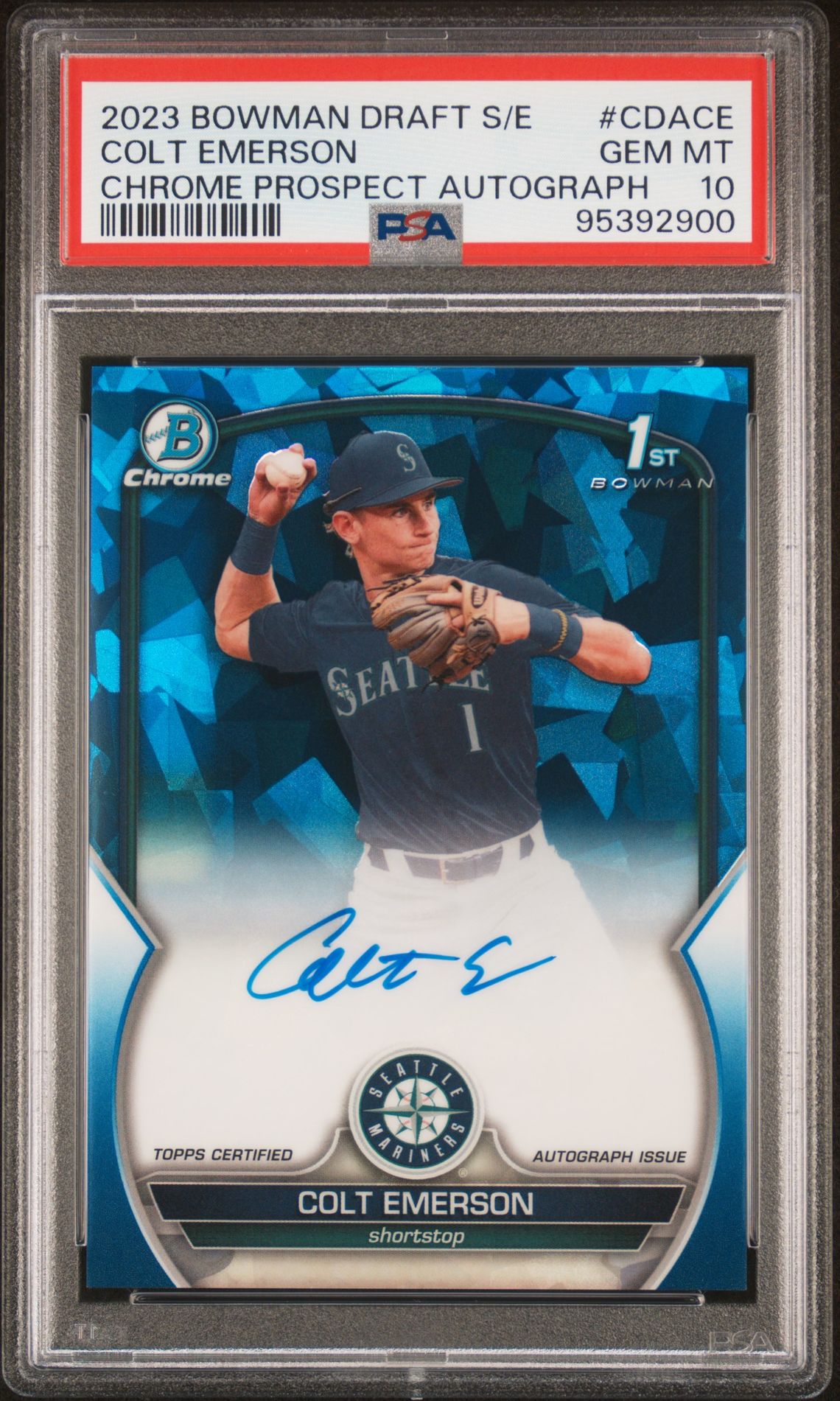 2023 BOWMAN DRAFT SAPPHIRE EDITION CHROME PROSPECT AUTOGRAPHS COLT EMERSON  CDACE GEM MT 10 front