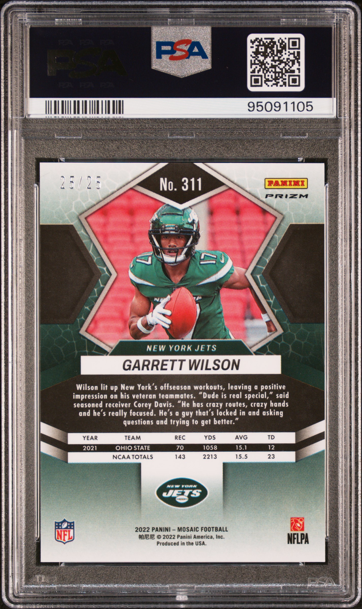 2022 Panini Mosaic Garrett Wilson #311 (Orange Fluorescent) Gem Mt 10 back