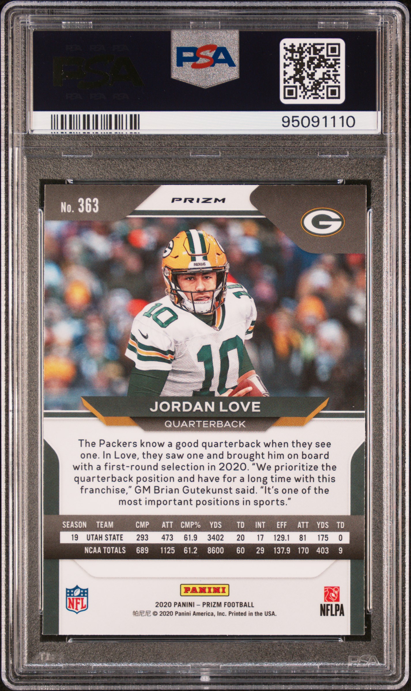 2020 Panini Prizm Jordan Love #363 (Red/White/Blue Prizm) Gem Mt 10 back