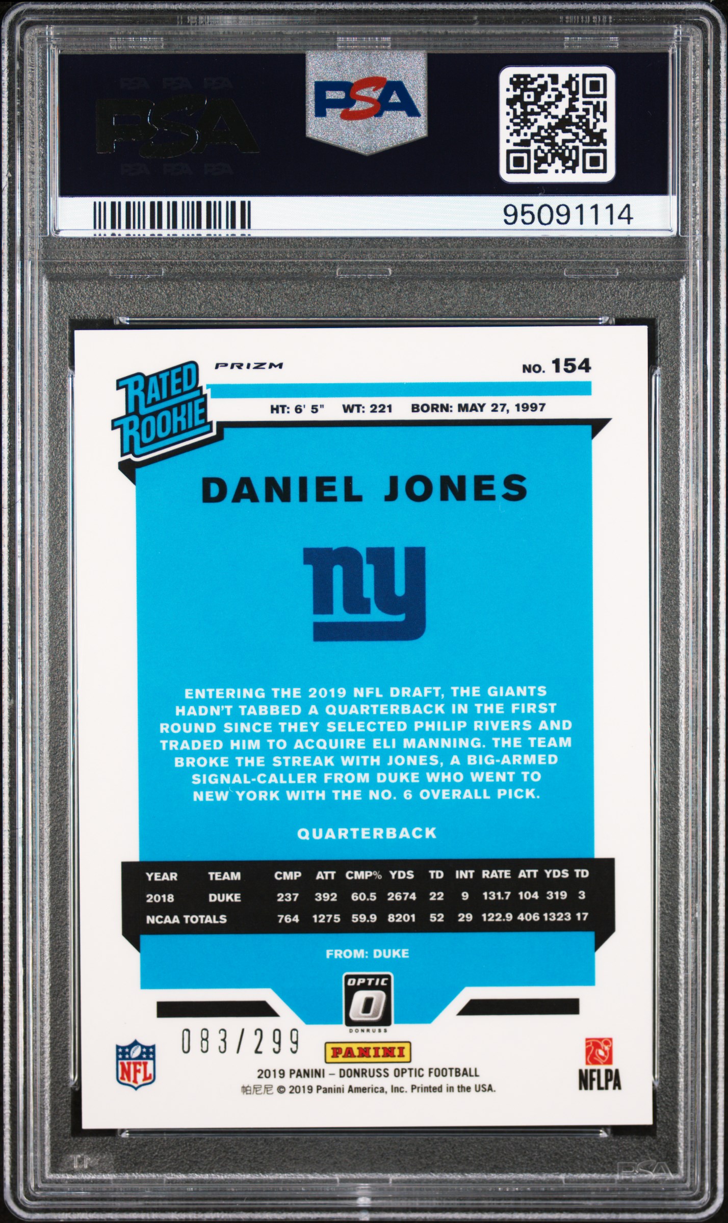 2019 Panini Donruss Optic Daniel Jones #154 (Aqua) Gem Mt 10 back