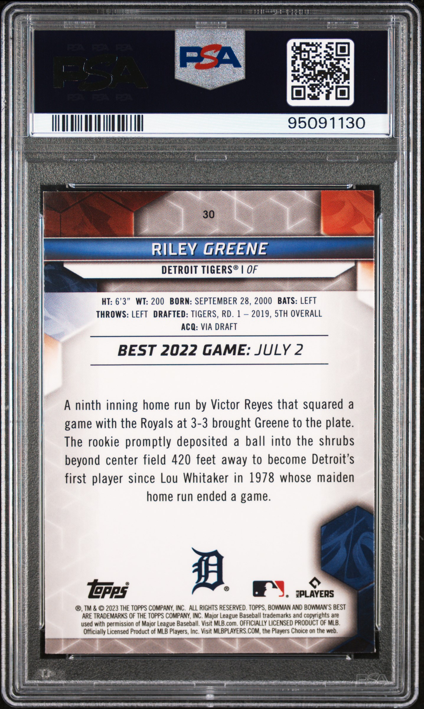 2023 Bowman's Best Riley Greene #30 Mint 9 back
