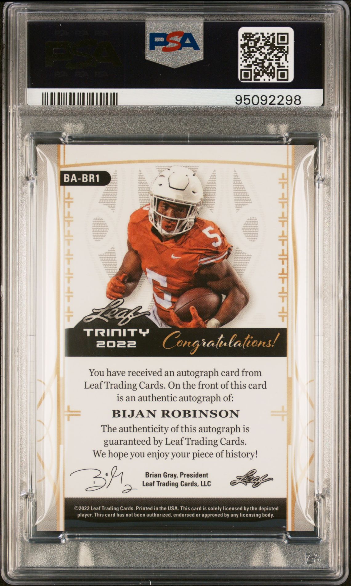 2022 Leaf Trinity Autographs Bijan Robinson #Babr1 (Auto-Platinum Black Foil 1/1) Gem Mt 10 back