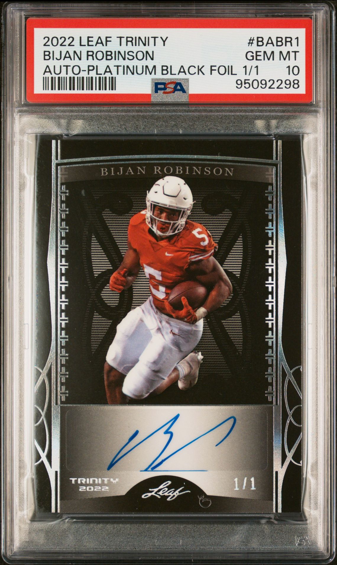 2022 Leaf Trinity Autographs Bijan Robinson #Babr1 (Auto-Platinum Black Foil 1/1) Gem Mt 10 front