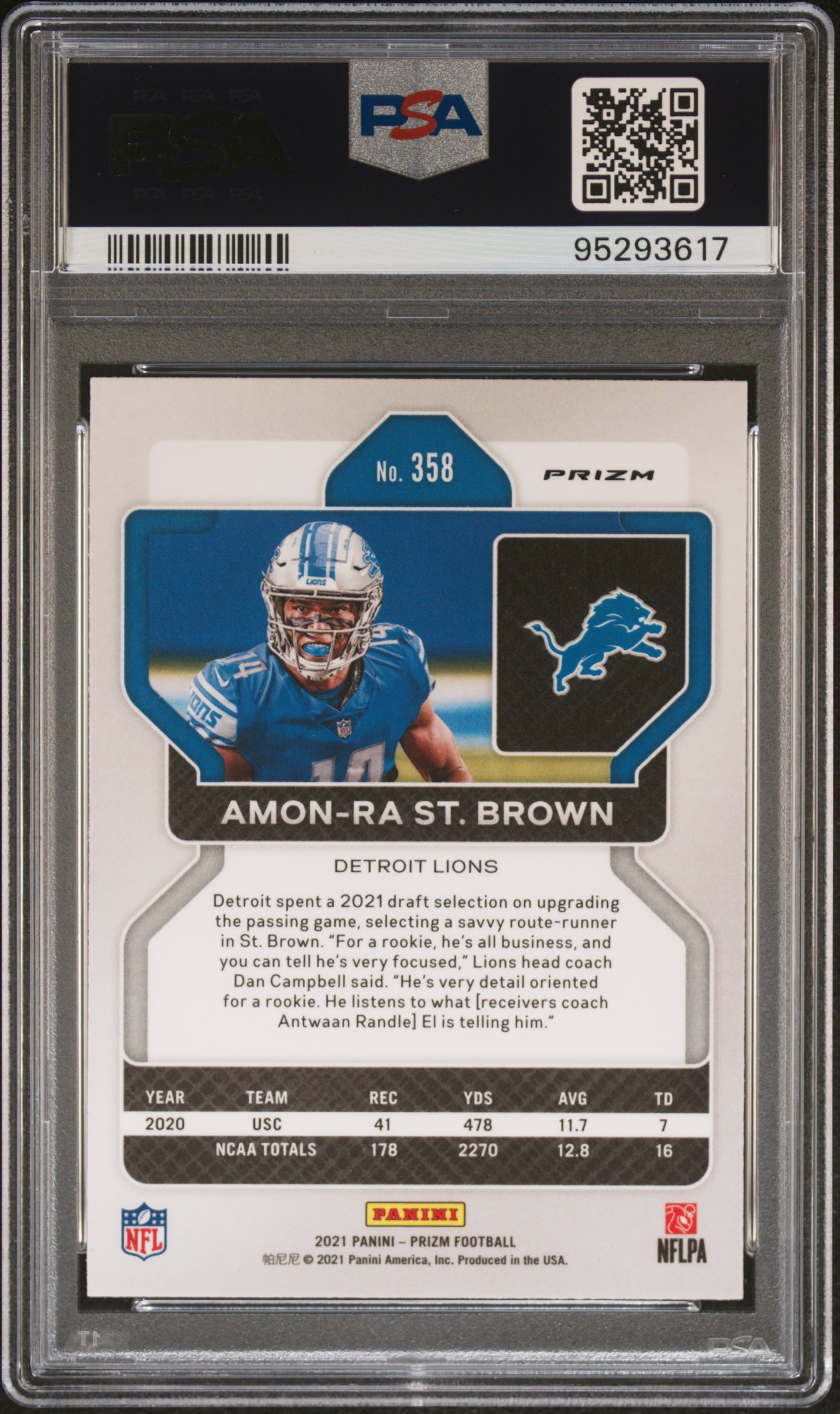 2021 Panini Prizm Amon-Ra St. Brown #358 (Neon Green Pulsar) Mint 9 back