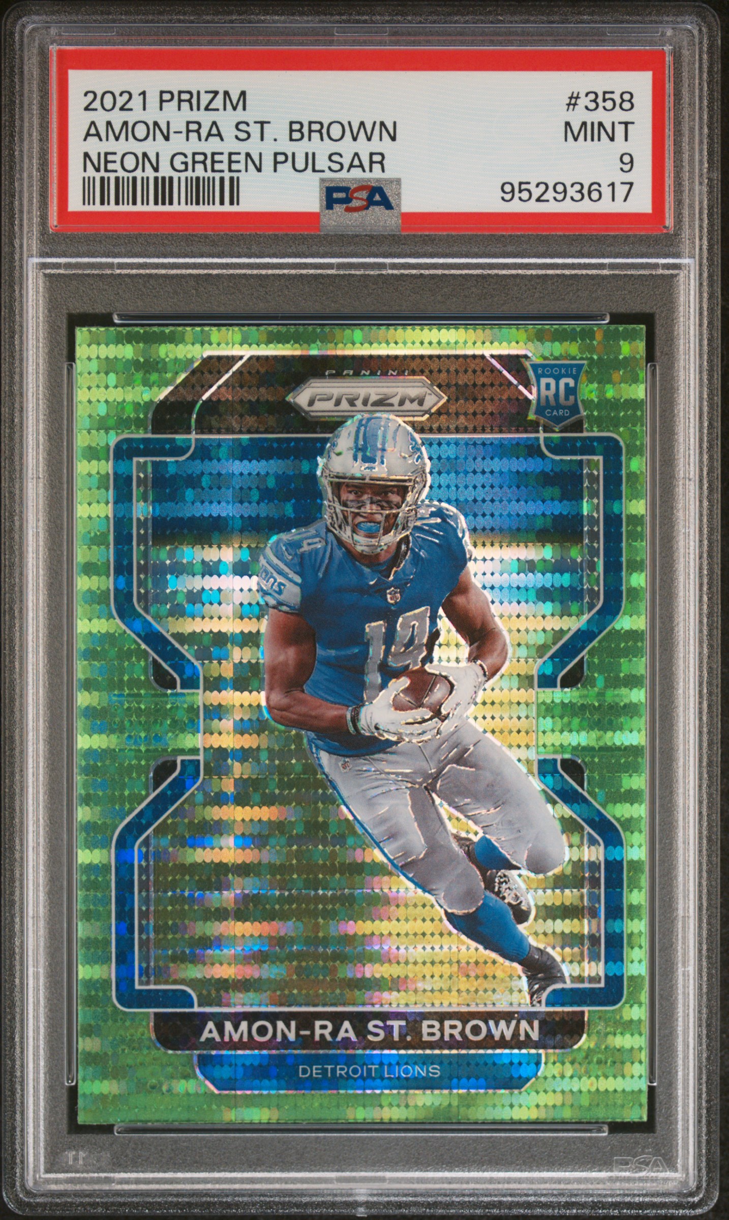 2021 Panini Prizm Amon-Ra St. Brown #358 (Neon Green Pulsar) Mint 9 front