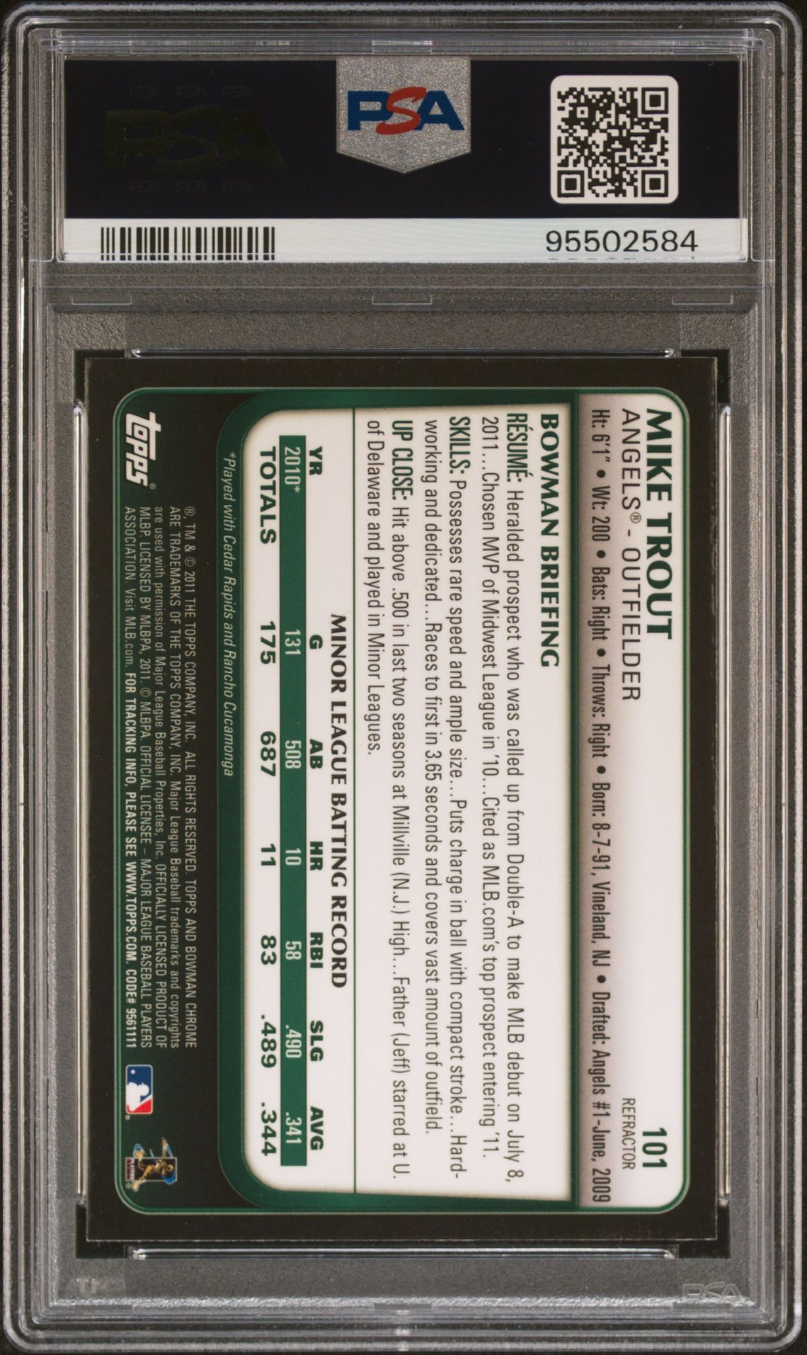 2011 Bowman Chrome Draft Mike Trout #101 (Draft-Refractor) Mint 9 back