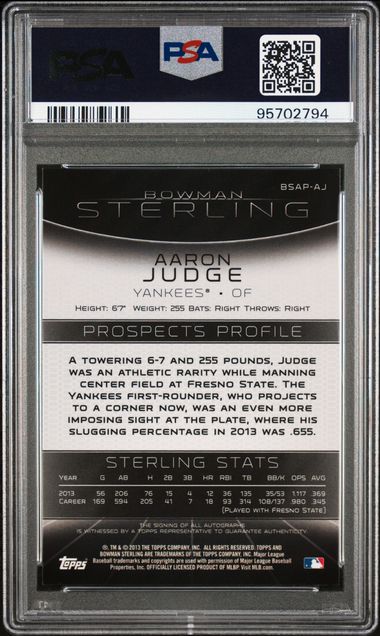 2013 Bowman Sterling Autograph Prospects Aaron Judge #Aj (Autograph Prospects) Mint 9 back